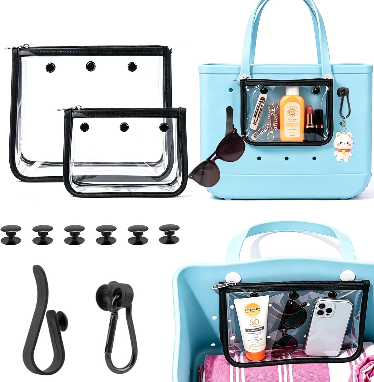 2 Packs Bogg Beach Tote Bag with 2 Pack Insert Hooks Accessories for Bogg Bags, Compatible with Original for Bogg Bag Clear Cosmetic Bag Travel Toiletry & Makeup Organizer Divider Storage Inner Pouch