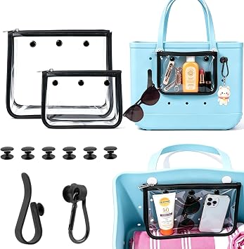 2 Packs Bogg Beach Tote Bag with 2 Pack Insert Hooks Accessories for Bogg Bags, Compatible with Original for Bogg Bag Clear Cosmetic Bag Travel Toiletry & Makeup Organizer Divider Storage Inner Pouch