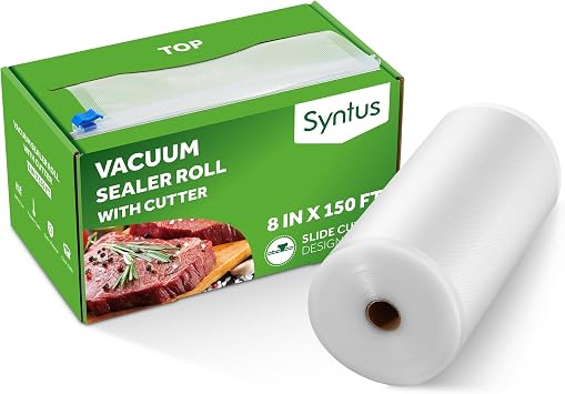 Syntus 8" x 150 Vacuum Sealer Bags Rolls Keeper with Cutter Dispenser | BPA Free, Commercial Grade, Heavy-Duty, Microwave Sous Vide Cooking, Meal Prep, Custom Length, Precise Cuts, for Food Storage