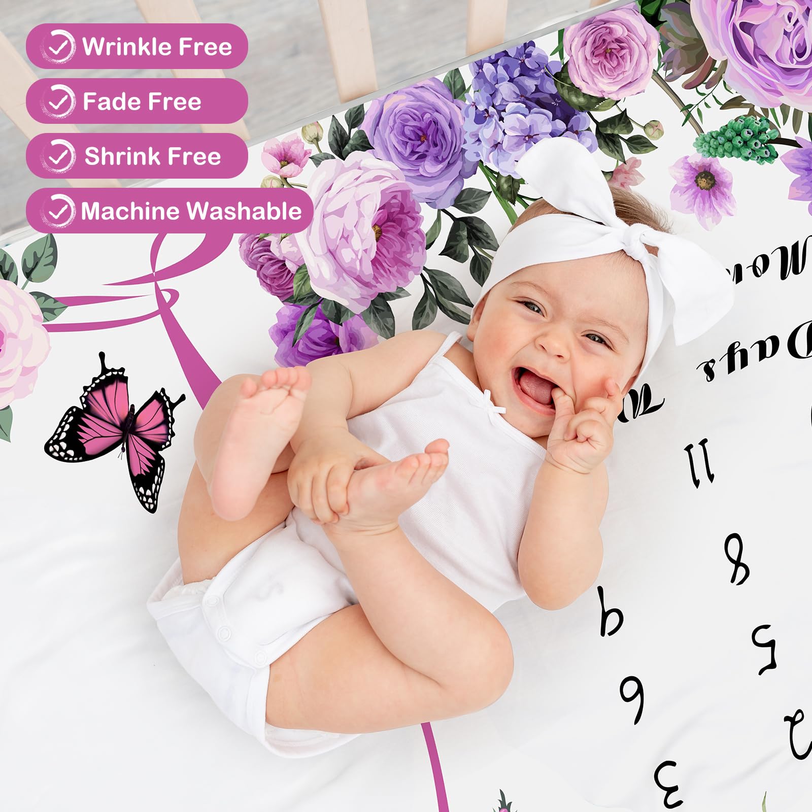 Chumia Manta mensual de hitos para bebé niña de 59 x 39 pulgadas, manta floral de mariposa para fotos, manta de hito de la edad del bebé con 2 marcos de corona floral de fieltro (morado)