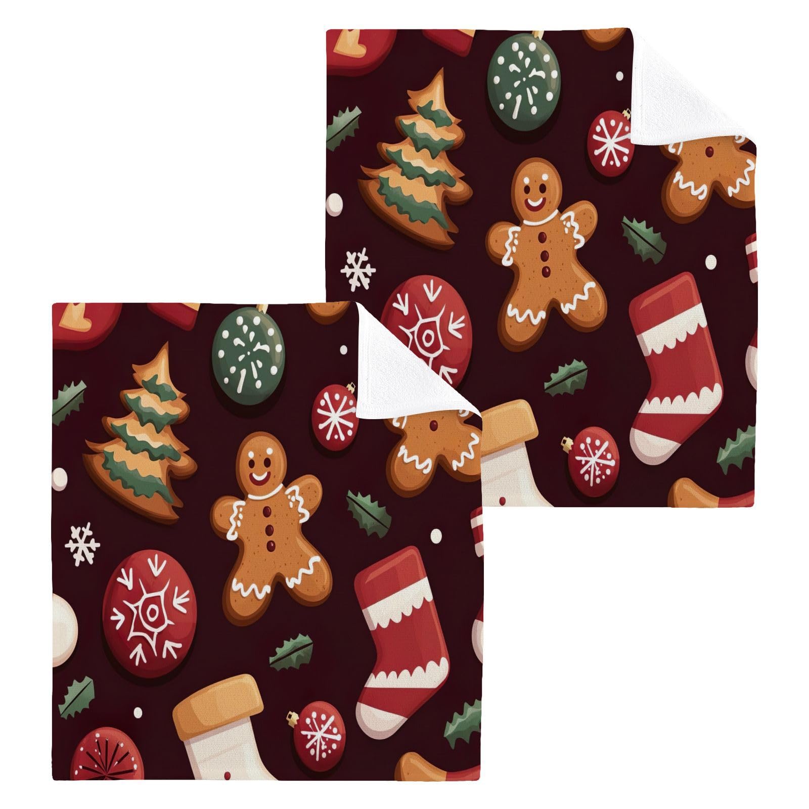 Kigai Christmas Cookie Socks Washcloths Set of 2-12 x 12 inch Pure Cotton Wash Cloth Highly Absorbent and Soft Fingertip Towels Face Cloths for Bath, Spa