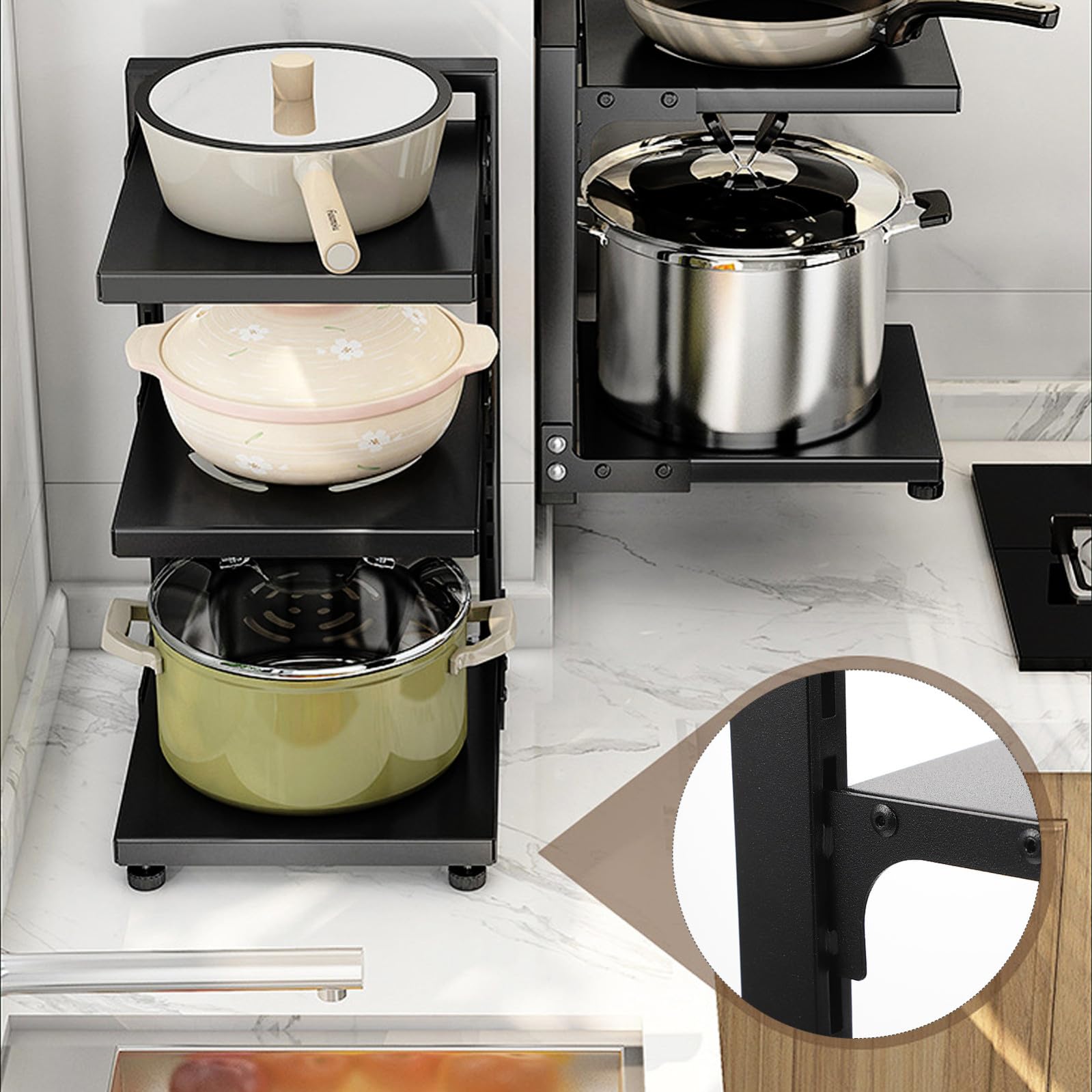 KICHOUSE Organizer in Acciaio al Carbonio per Pentole e Padelle a 3 Livelli Nero Spaziatura Regolabile per Ottimizzare lo Spazio per Cucina o Sotto Lavabo