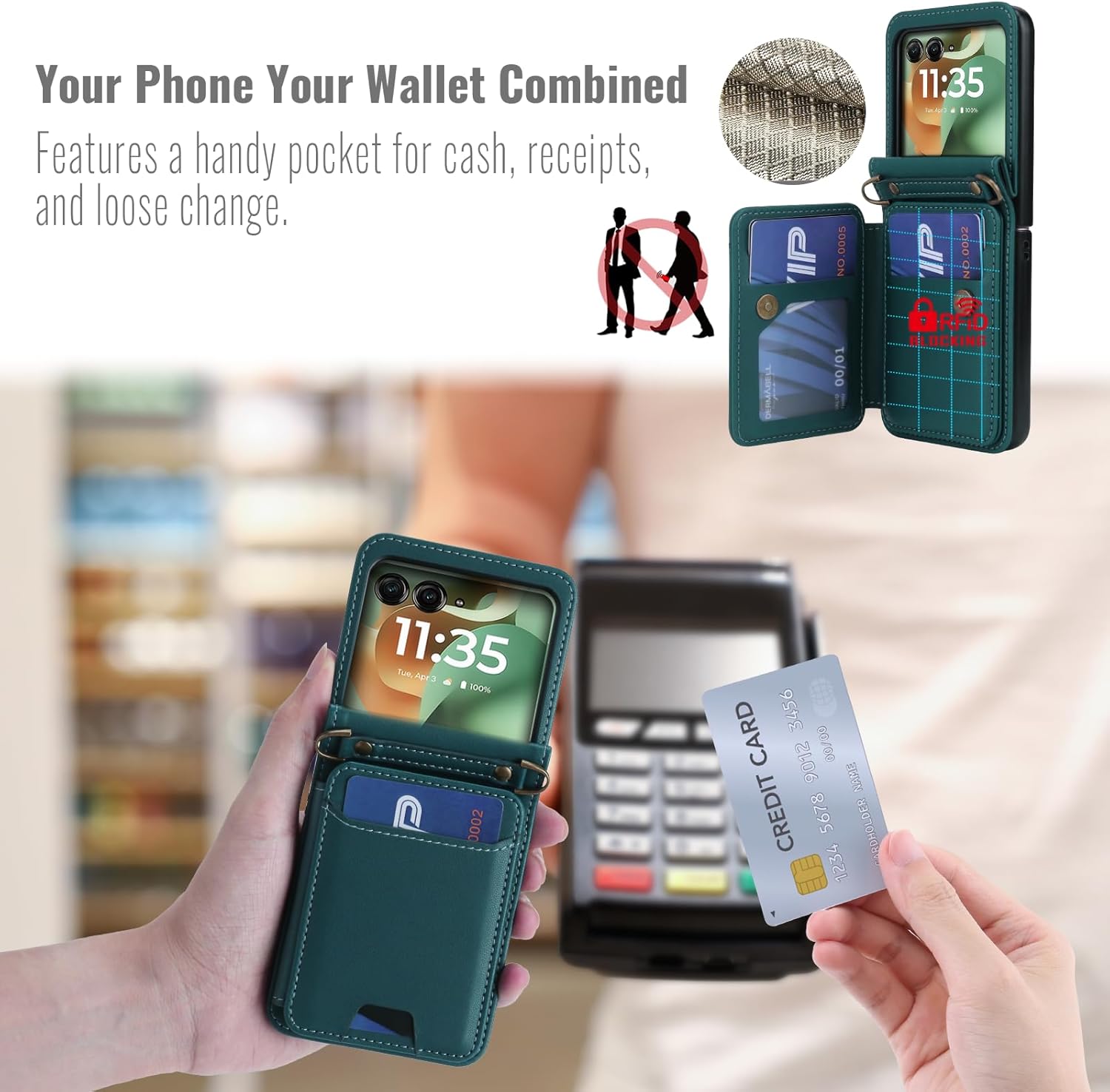 ASAPDOS for Motorola Razr 2025/2024 Wallet Case - 5 Card Slots RFID Blocking | Detachable Crossbody Strap & Wristlet | Snap Magnetic Cover | Shockproof PU Leather Blue Green
