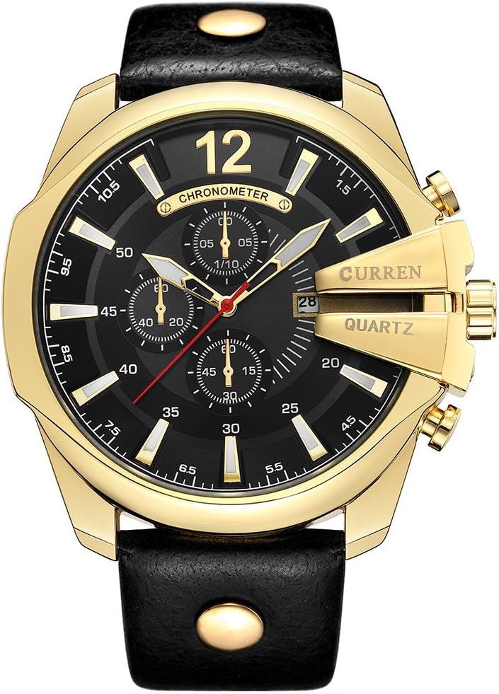 Men Watches Luxury Gold Male Fashion Leather Strap Outdoor Casual Sport Wristwatch with Big Dial, Gold Black