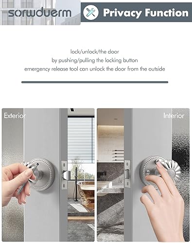 Miniatura 5 de SORWDUERM Perillas de puerta de níquel cepillado para privacidad interior, pomo de puerta plateado con cerradura, pomos de puerta de níquel satinado