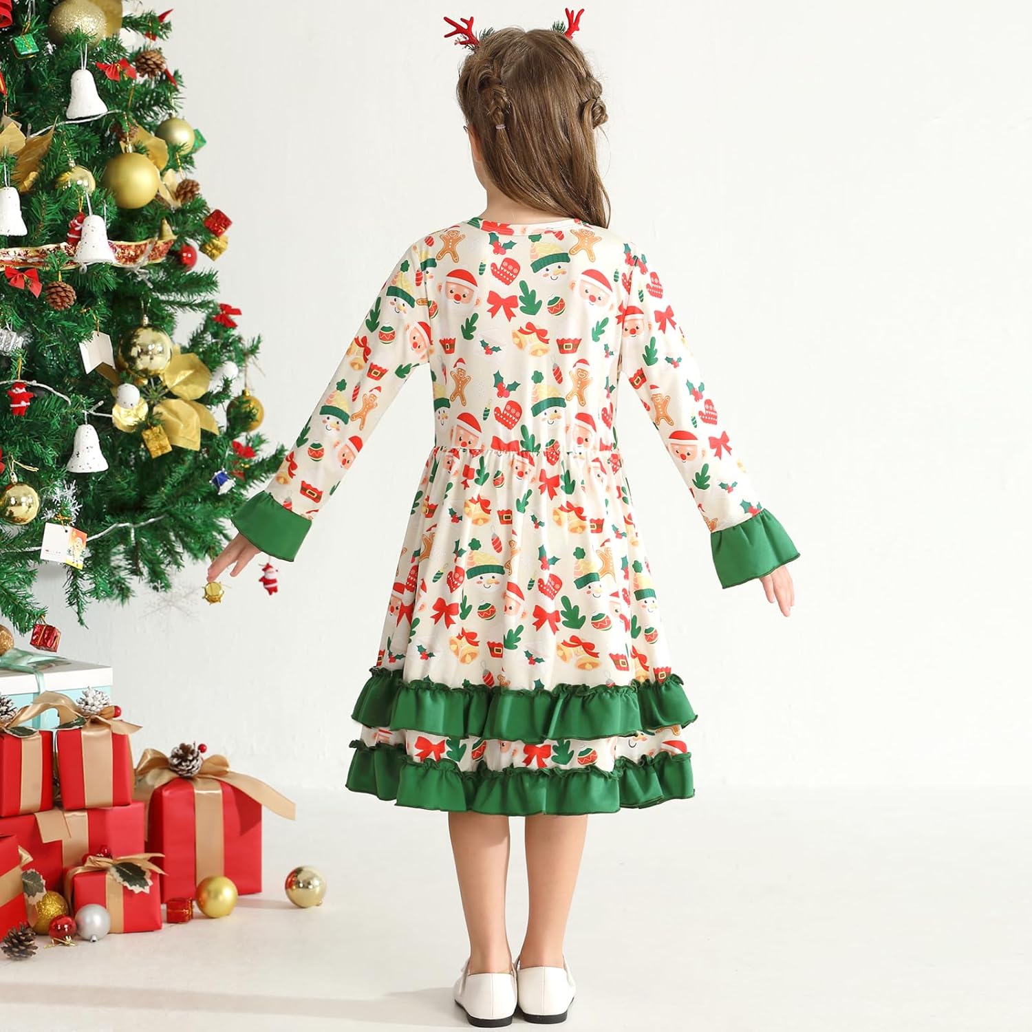 Toddler Baby Girls Christmas Dress Little Girl Flared Sleeve Gingerbread Man Santa Candy Print Ruffled Xmas Outfit - Image 3