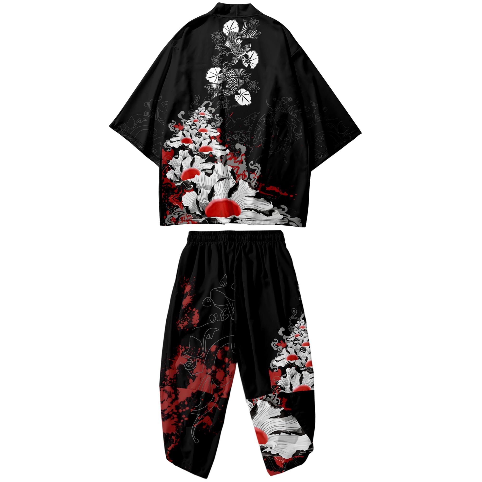 Doslavida - Set cardigan kimono giapponese da uomo, stile cinese, stampato, giacca e pantaloni, aperto sul davanti, a sette maniche