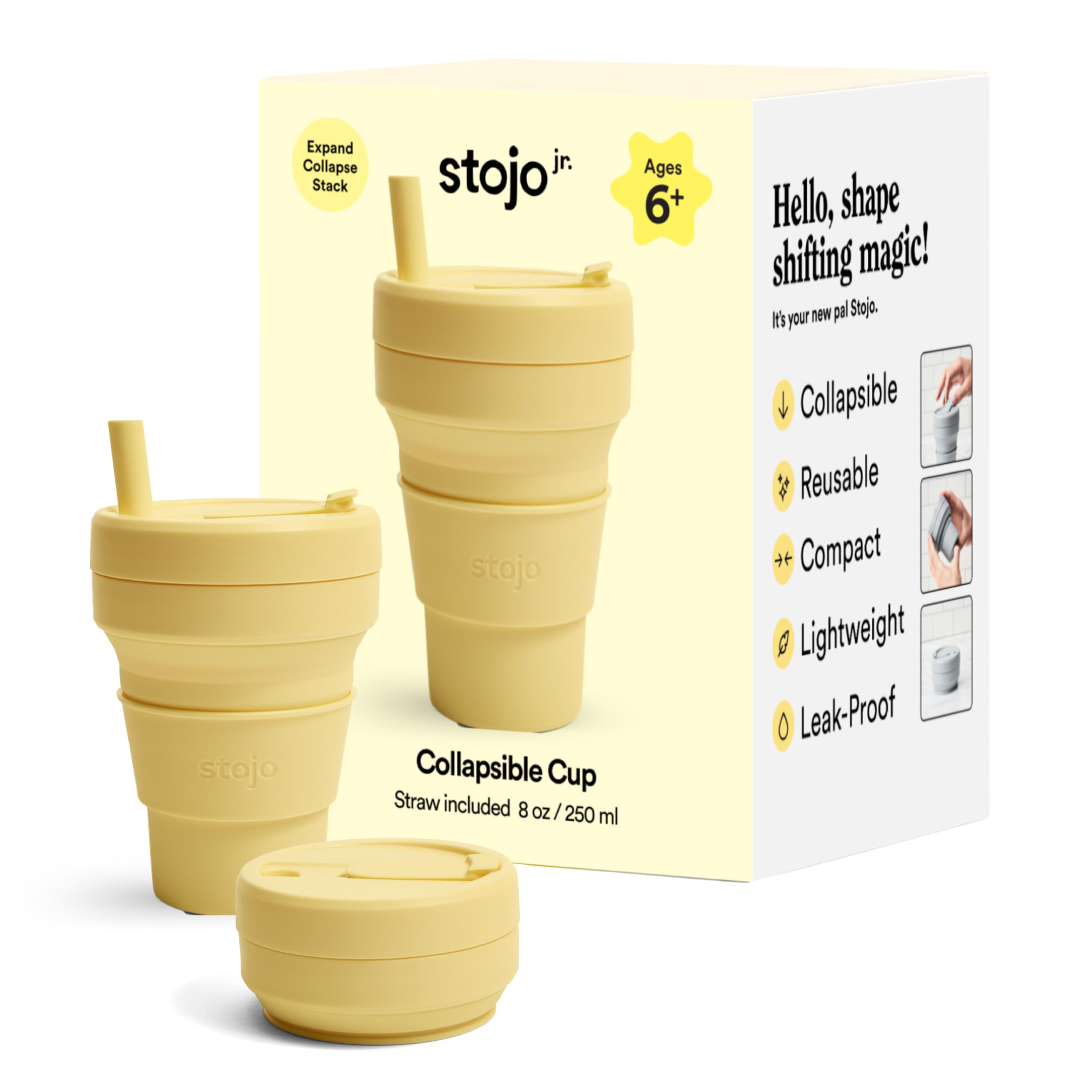 STOJO Jr Collapsible Travel Cup with Straw for Kids - Mimosa Yellow, 8oz / 250ml - Leak-Proof Reusable To-Go Pocket Size Silicone Bottle for Hot & Cold Drinks - Camping & Hiking - Dishwasher Safe