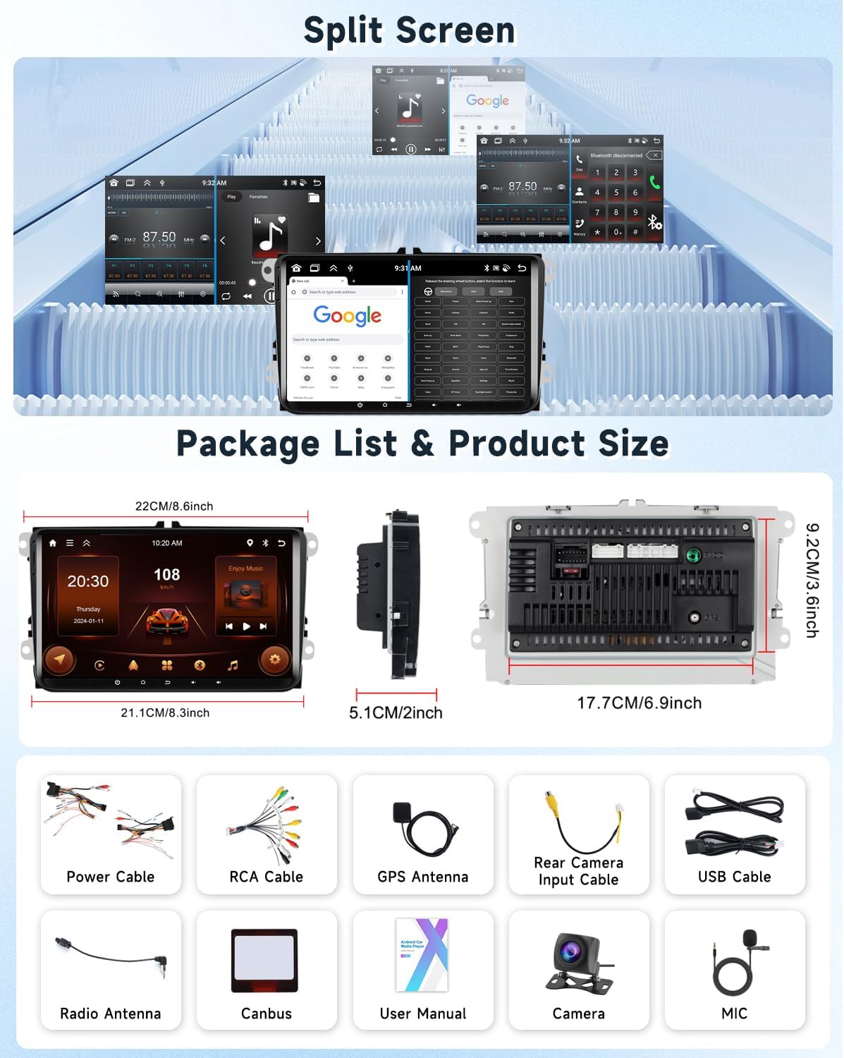 Rimoody 2G+64G Android Car Stereo for VW Passat Jetta Tiguan Golf MK5 MK6 T5 EOS Polo, Wireless Carplay Android Auto, 9'' Touchscreen Radio GPS Navigation Bluetooth 5G-WiFi FM/RDS EQ Rear Camera SWC