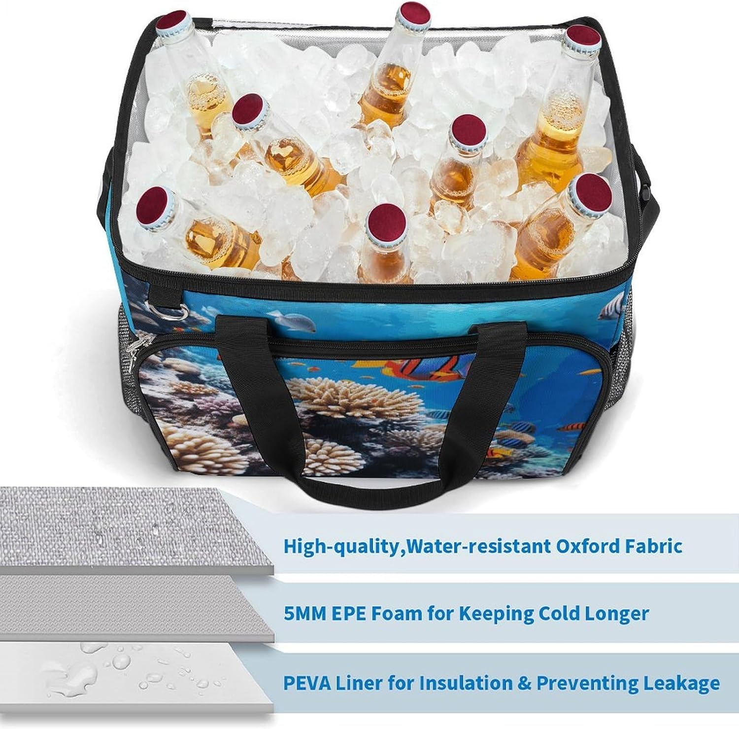 Ocean Tropical Fish Coral Lunch Box Large Capacity Insulated Cooler Bag Lightweight Portable Ice Chest Box Waterproof Collapsible Ice Chest Travel Cooler for Camping Dinner Party