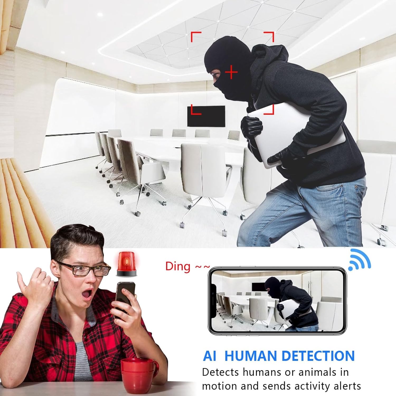 Smartphone screen showing the iWFCam app interface with remote monitoring of multiple locations.