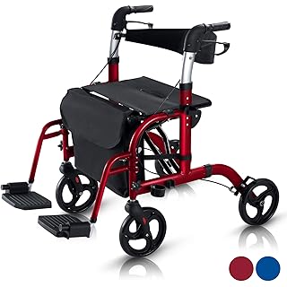 Vive 2 in 1 Rollator Transport Wheelchair Walker for Seniors - Lightweight, Foldable, Medical 4 Wheel Chair Combo with Seat - Portable Walking Mobility Aid for Men Women, 300 Pound Capacity