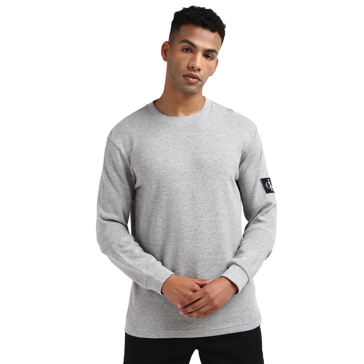 Calvin Klein Men’s Basic Badge Waffle Long Sleeve Top, Grey (Gray Heather), 3XL