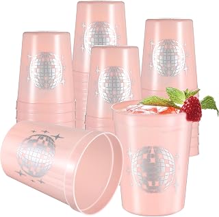 30 Pcs Disco Cups 16oz Pink Plastic Disco Ball Cups Party Reusable Bachelorette Cup for Cowgirl 70s 80s 90s Discos Dance Party Supplies