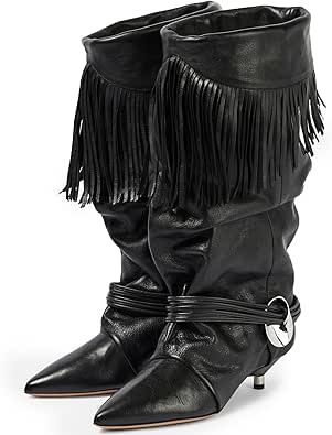 Amazon.com | CAGLGLZ Brown Mid Calf Boots for Women Fringe Tassel Fold Over Cowgirl Boots Western Pointed Toe Kitten Low Heel Slouchy Pull On Fall Boots(Black,10) | Shoes