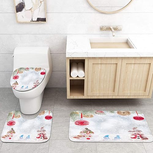 Miniatura 3 de Emvency Juego de 4 cortinas de ducha de muñeco de nieve de Navidad con alfombras antideslizantes, cubierta para tapa de inodoro y tapete de baño,