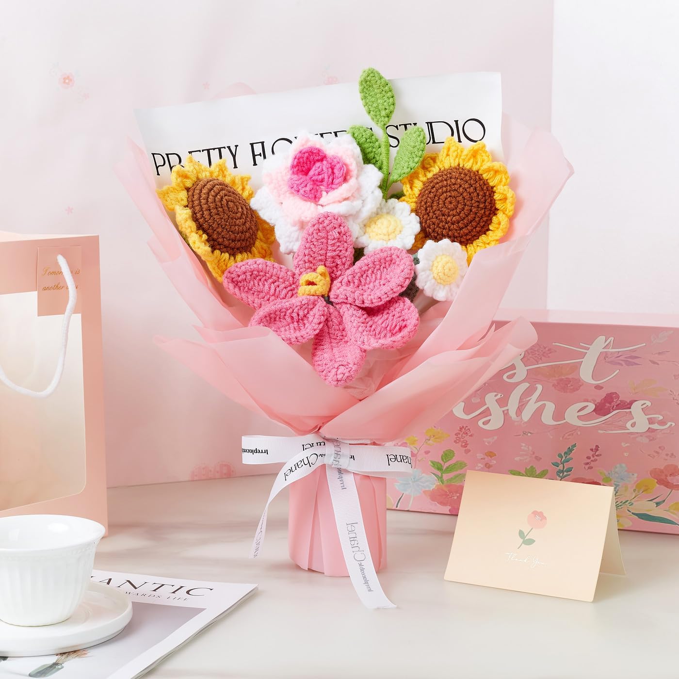 ZHIYUXI Pink Crochet Flower Bouquet Crochet Sunflowers Handmade Knitted Flower Bouquet for Wedding Anniversary Birthday Valentines Day Pink Gifts for Women