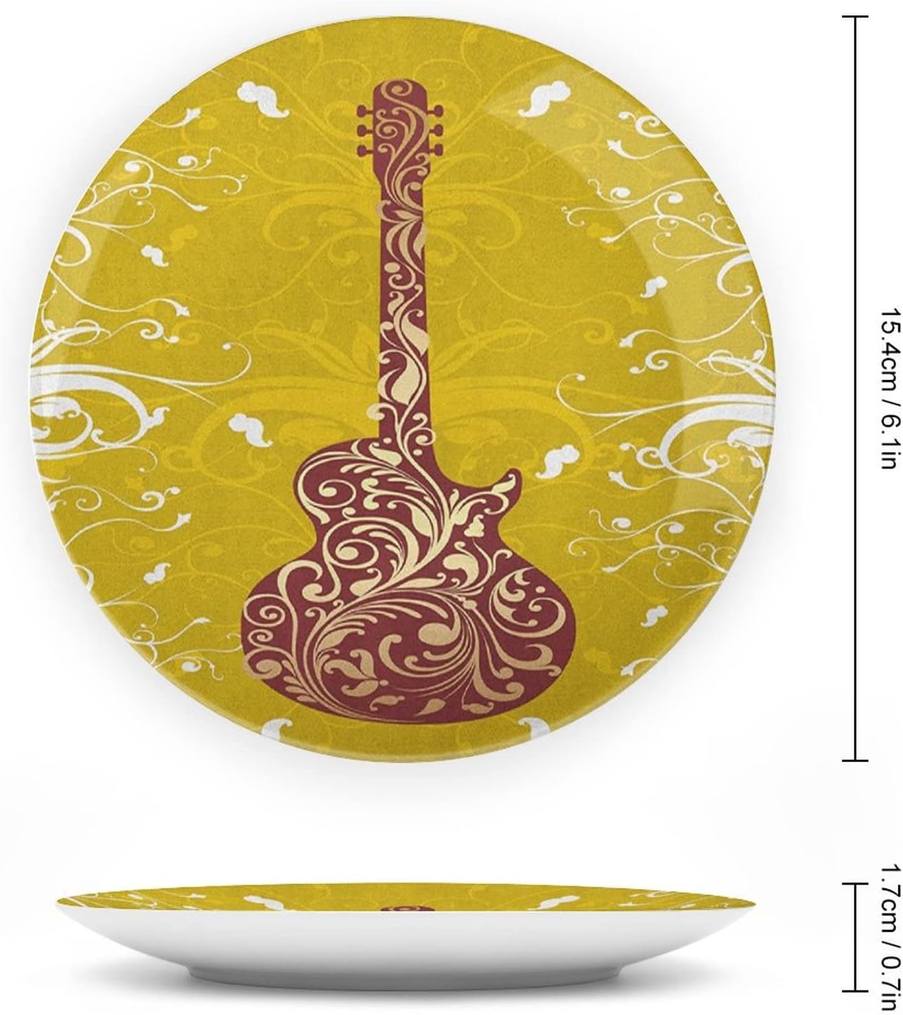 XISUNYA 10 Inch Decorative Plate, Guitar Round Porcelain,Floral Ornate Flourishes Acoustics Artful Instrument Print Ceramic Wall Hanging for Home Office Party Dinner Table Decor