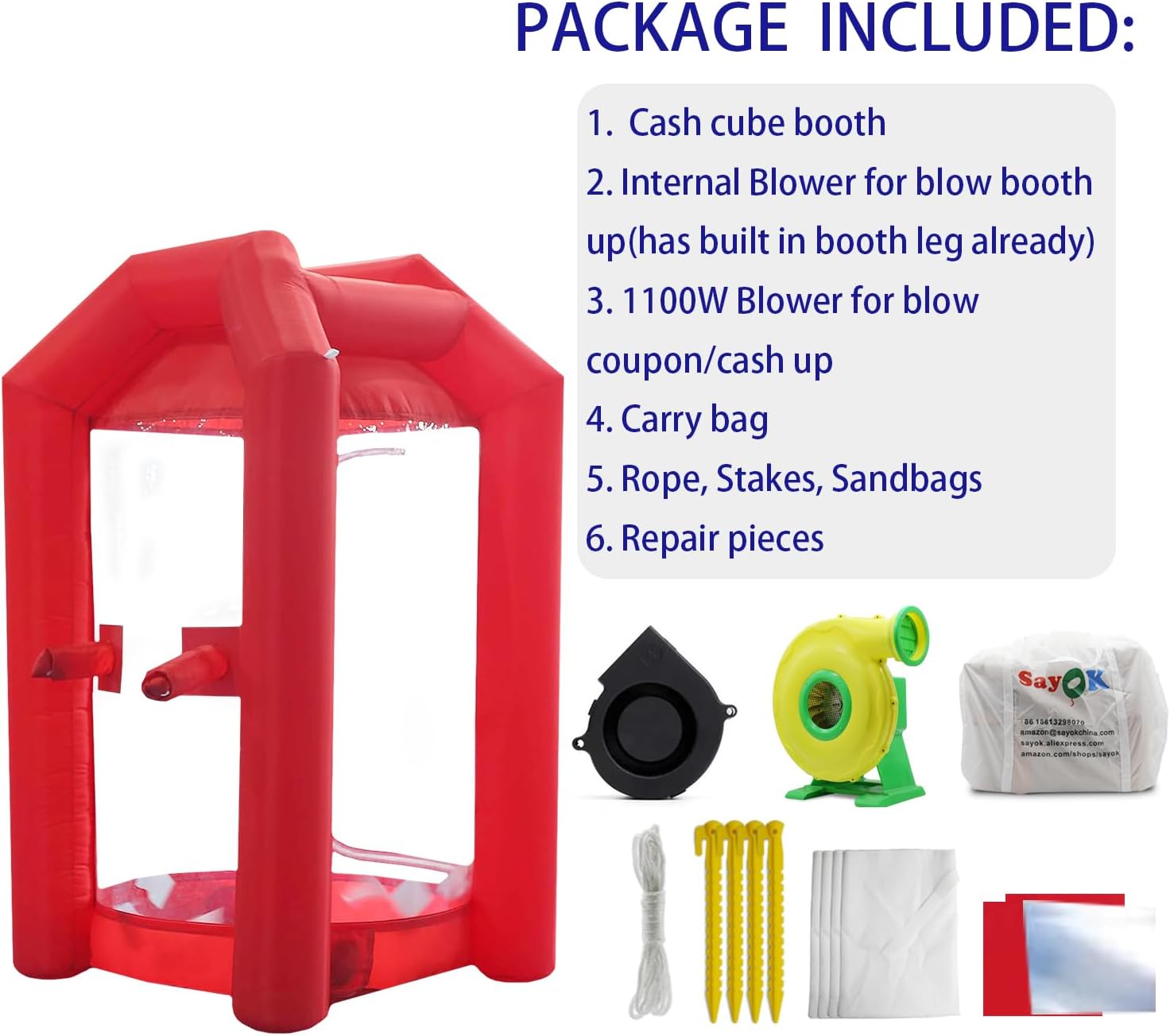 SAYOK Inflatable Money Machine Booth Inflatable Cash Cube Machine with Air Blower for Event, Promotion (Red, 4.92ft x 4.92ft x 8.2ft)