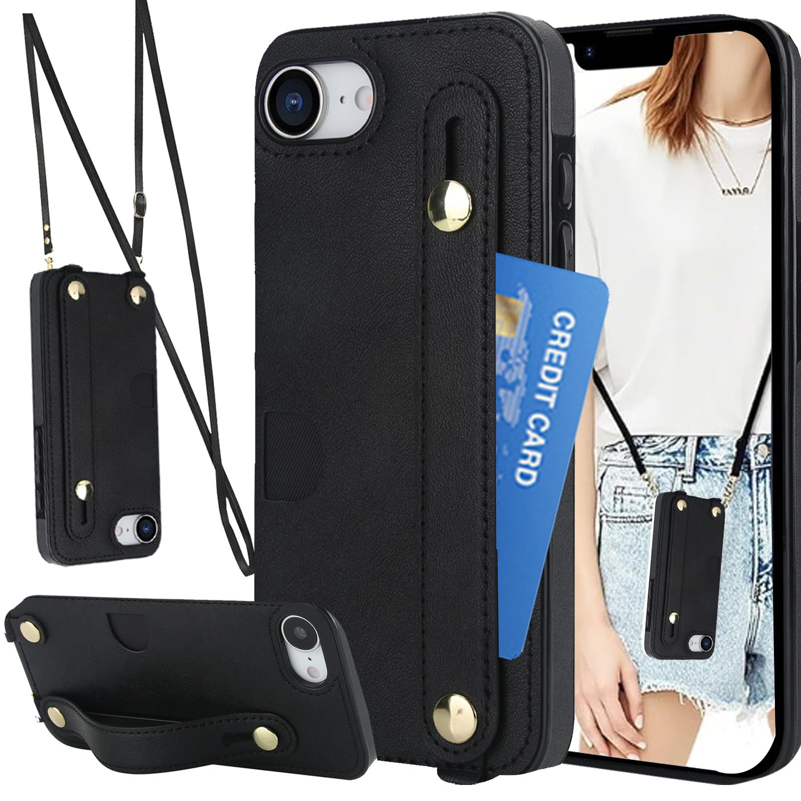 CCSmall for Apple iPhone 16e Crossbody Case with Credit Card Holder, Adjustable Removable PU Leather Lanyard Strap with Wristband Kickstand Phone