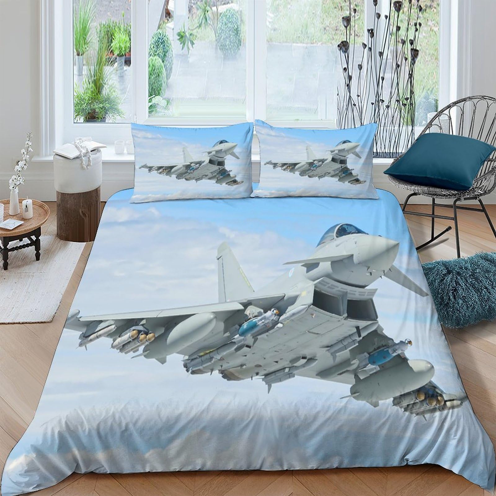 Ctjqhvkz Style-9 3D Printed Fighter Jet Fitted Sheet Microfiber Soft Blue Sky Aircraft Bed Cover For Bedroom Dorm Mattress Protection Decor Single（135X200cm）