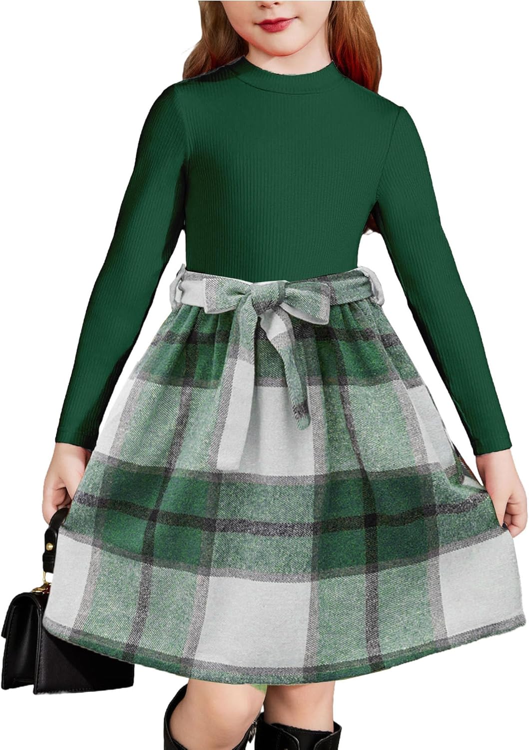 Arshiner Girls Dresses Long Sleeve Rib Knit Plaid Patchwork Belted Dress with Pockets