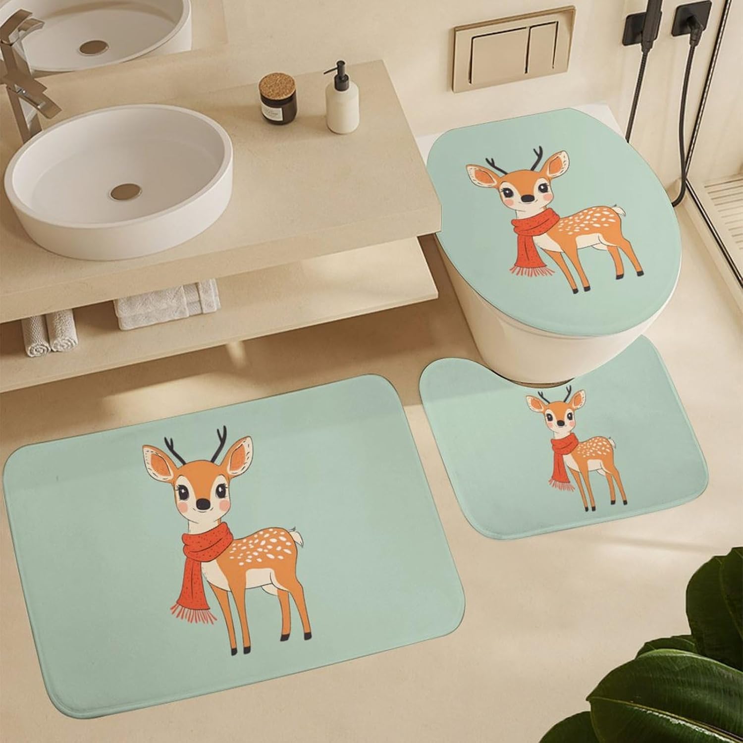 Cute Deer Wearing Scarf Modern Bathroom Sets with Shower Curtain and Rugs Decor 4 Pcs with 12 Hooks