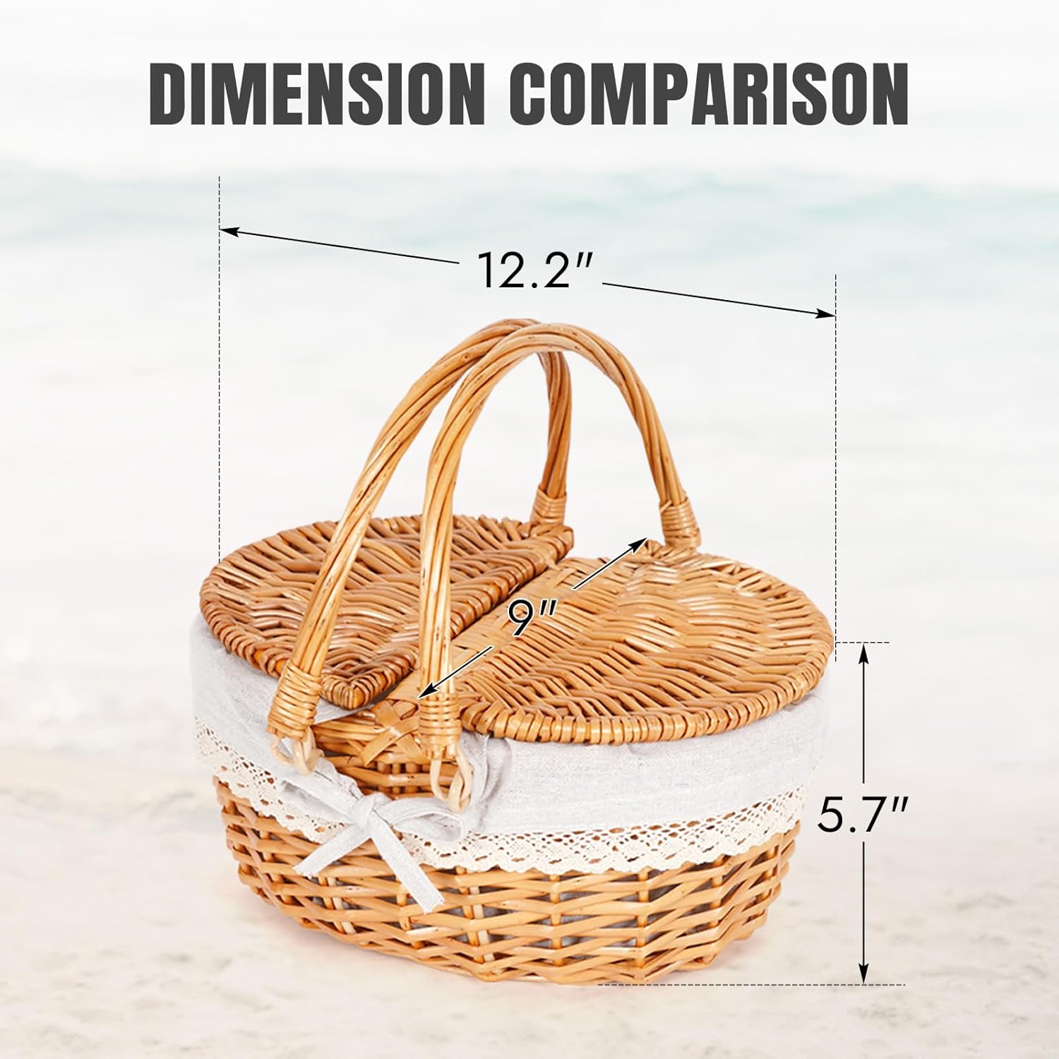 Happypicnic 12" Picnic Basket - Small Wicker Basket with Foldable Handle Lid & Removable Liner | Cute Picnic Basket Toy Empty for Kids, Gift, Halloween, Christmas, Valentines, Easter, Birthday, Solid - Image 5