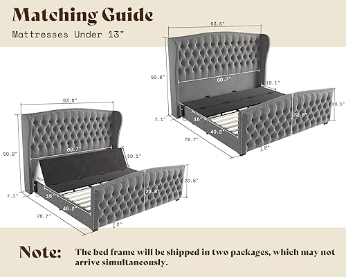 Miniatura 2 de AMERLIFE Base de cama ajustable tamaño Queen de 51" de altura con cabecera tapizada en terciopelo y acolchado con botones capitoné profundos, cama