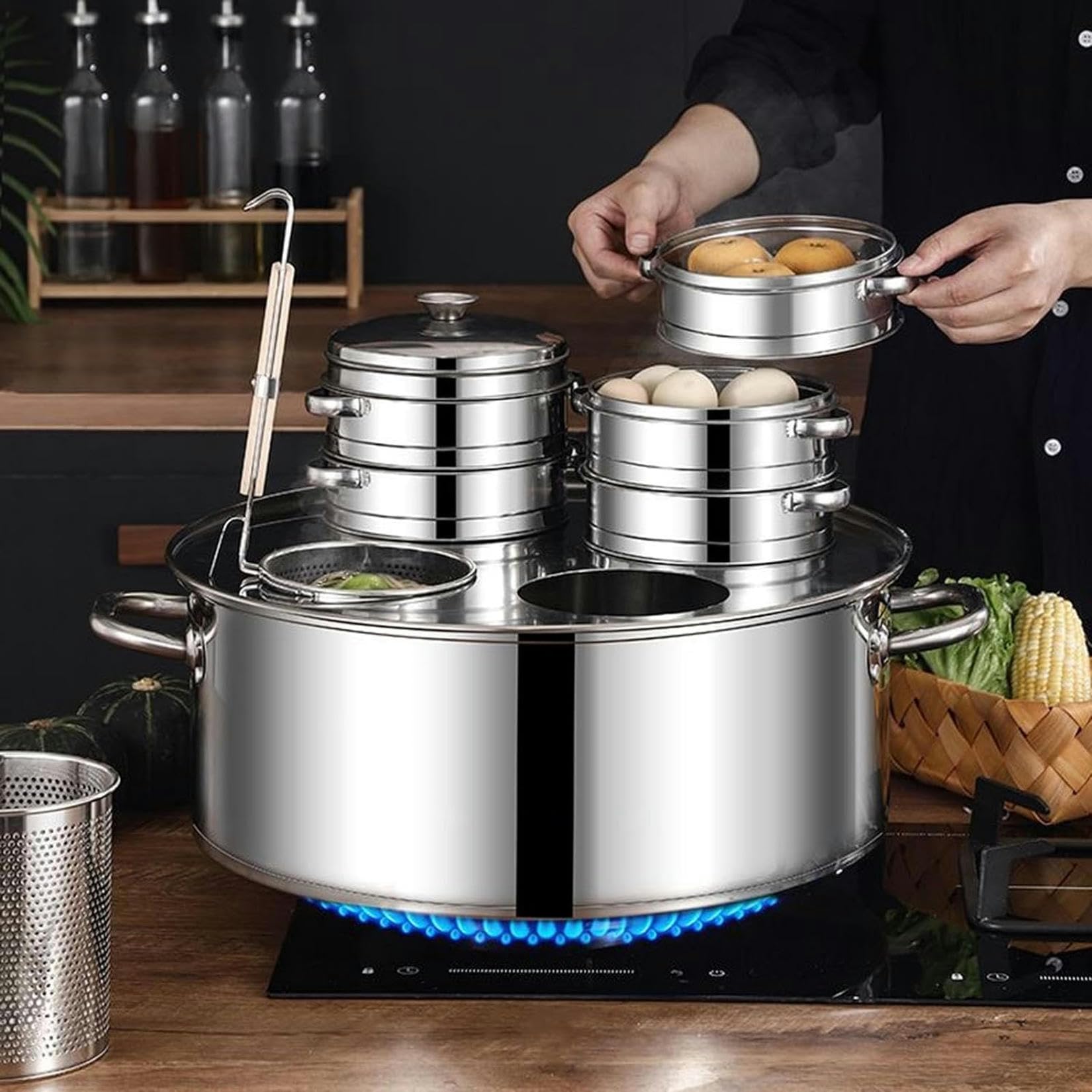 Stockpot en acier inoxydable à 5 trous avec couvercle marmite induction cuisine