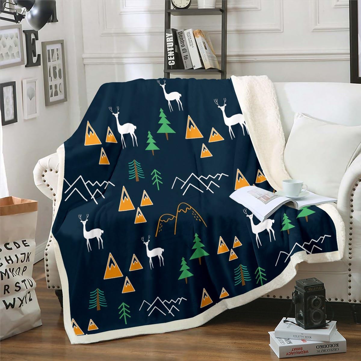 Erosebridal Children Cartoon Blanket Throw Deer Antlers Blanket for Bed Sofa Travel Couch for Kids Boys Girls Teens Mountain Soft Blanket Camping Theme Dark Blue Plush Dorm Blanket Throw 50"x60"