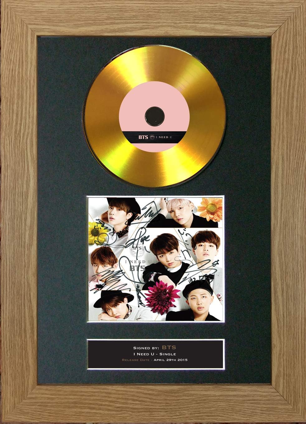 #175 BTS - I Need U Single Signed Autograph Mounted Cd Cover Record Reproduction PRINT A4 Rare Perfect Birthday (297 x 210mm) (Oak Veneer Frame)