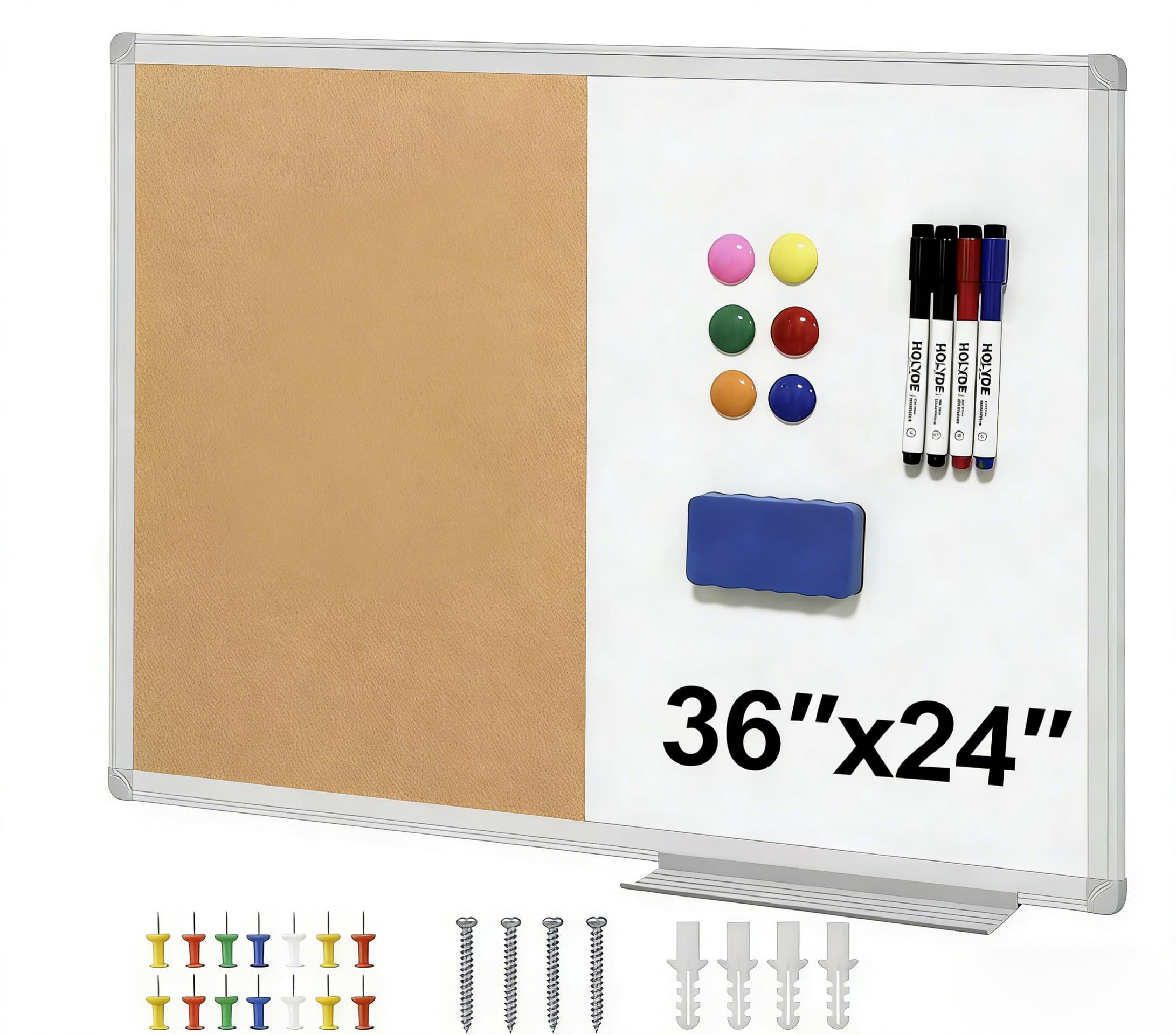 Cork Board White Board Combo, 36" X 24" Magnetic Whiteboard Bulletin Combination Board, Aluminum Frame Vision Board with Dry Erase Markers, Magnets,