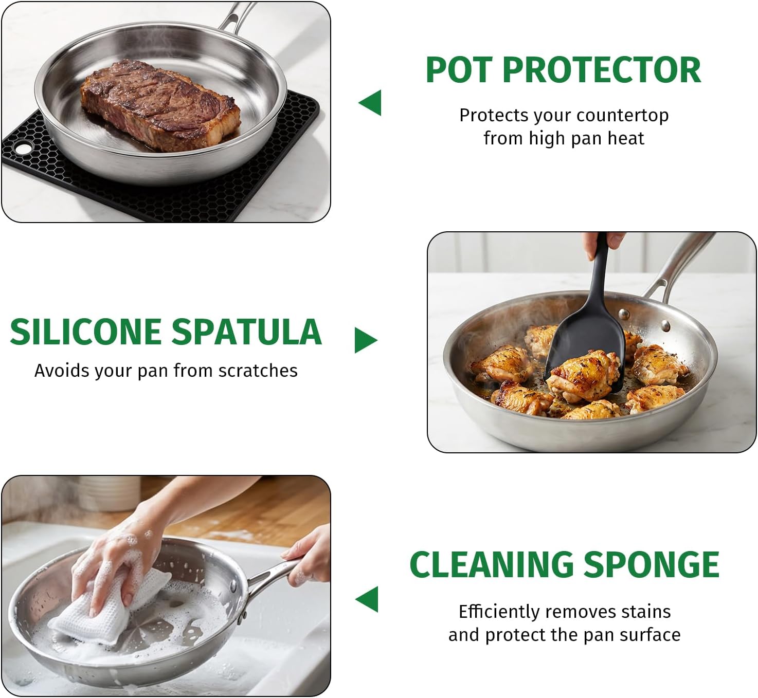 12 Inch Stainless Steel Pan, 5pcs Tri-Ply Stainless Steel Frying Pan with Lid, Dishwasher & Oven Safe, Induction Cooking Skillets, Fast & Even Heat and Detachable Handle
