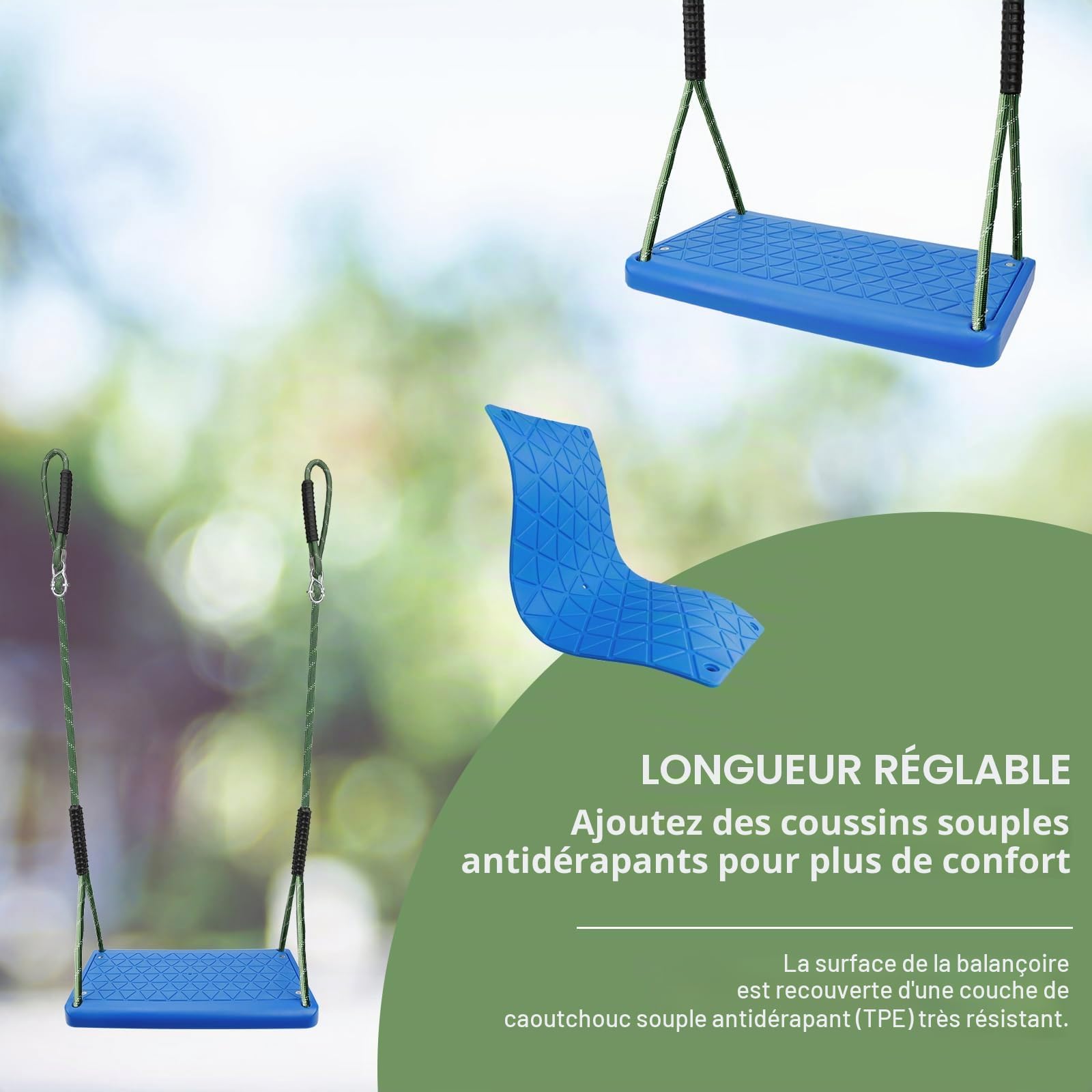 Balançoire de Jardin, en Caoutchouc antidérapant pour intérieur et extérieur avec 2 mousquetons et Corde réglable en Hauteur (1,3m-2m) pour Aire de Jeux, Jardin, Adolescents/Adultes, Bleu,100KG