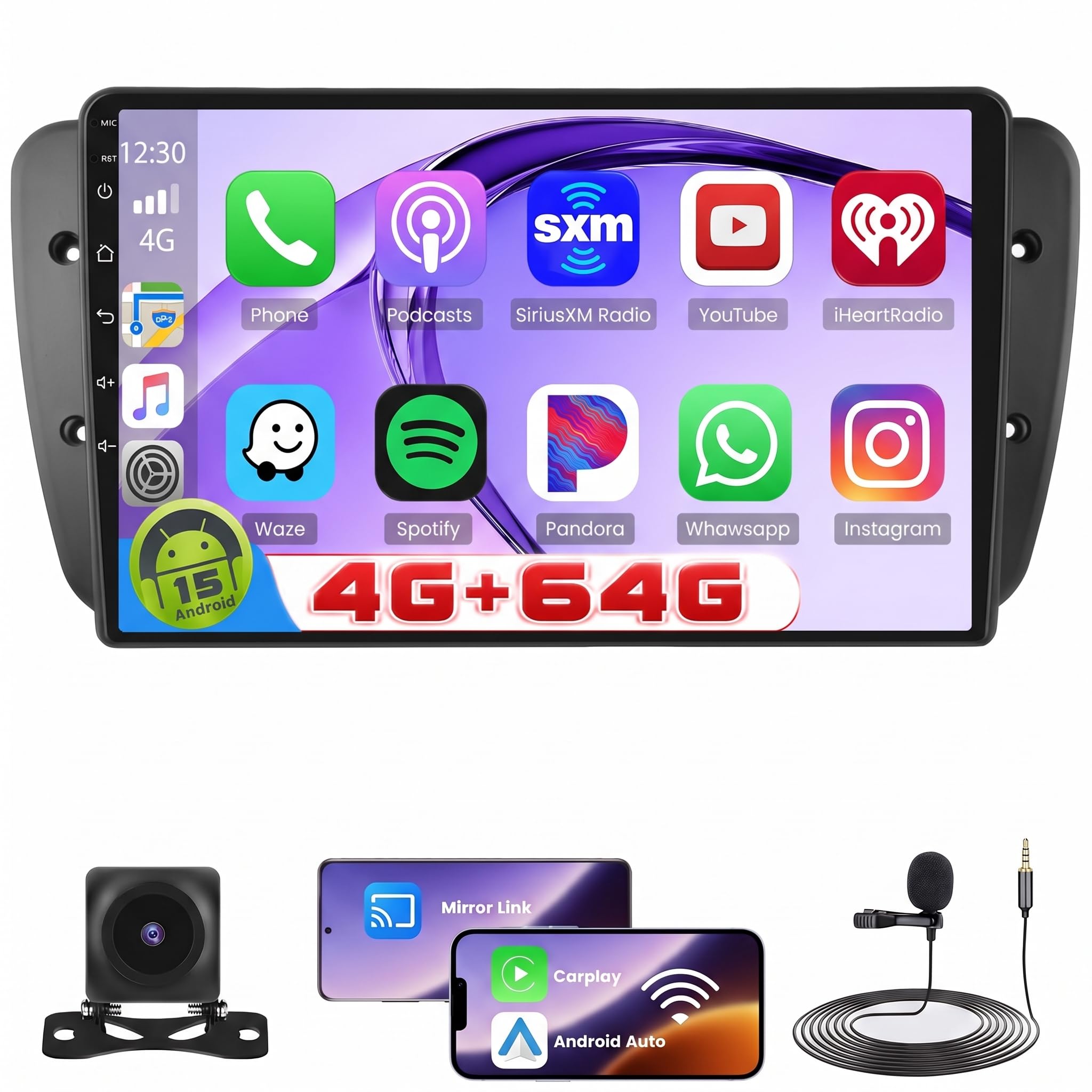 Roinvou 4+64G Radio Coche 2 DIN para Seat Ibiza 2009-2013 Carplay Inalámbrico Android Auto, Android 15 Pantalla Radio Coche 9 Pulgadas con MirrorLink Bluetooth WiFi GPS 32EQ RDS/FM SWC Cámara