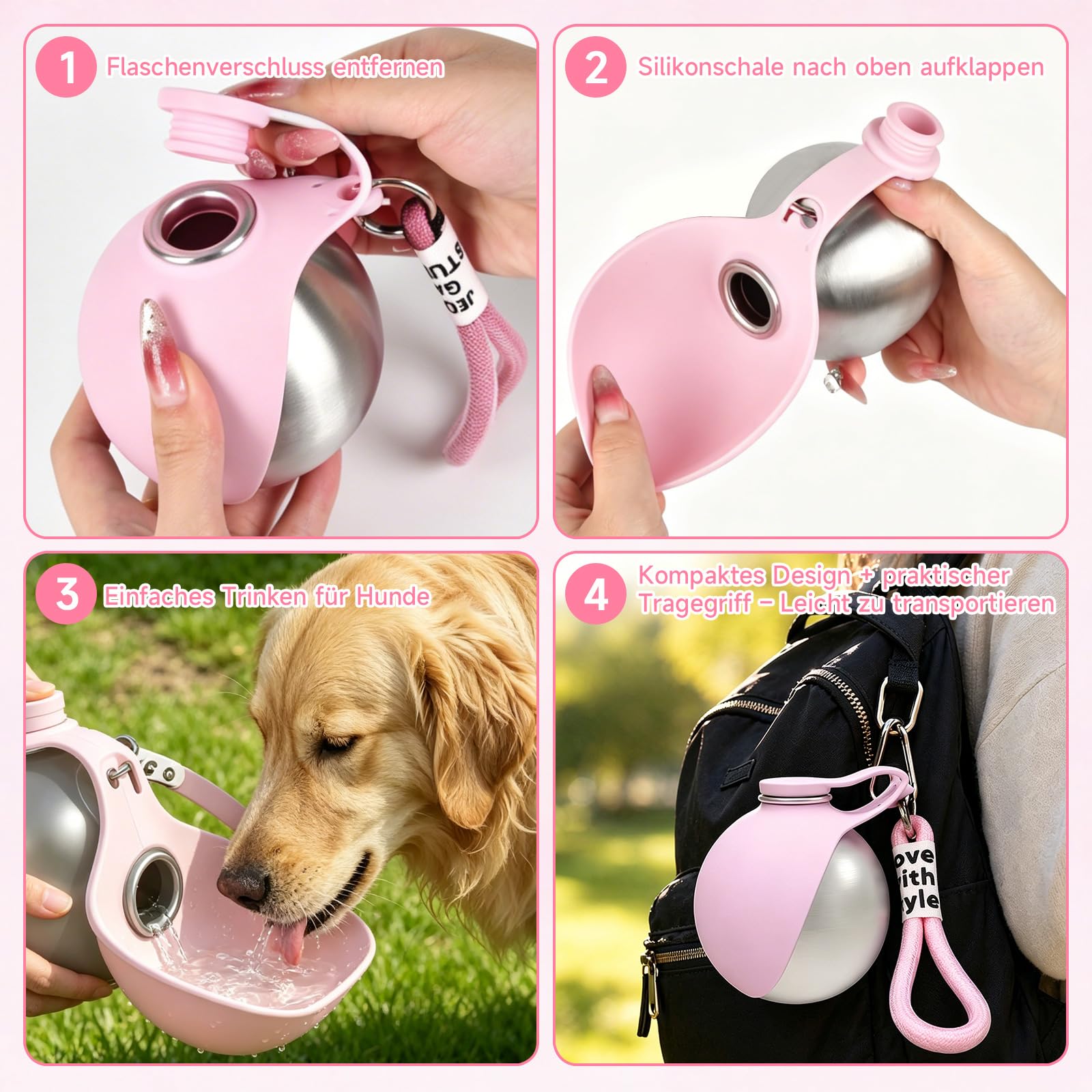 Trinkflasche Hunde für Unterwegs, 285ml Edelstahl Hunde Trinkflasche to Go, Hundetrinkflasche für Unterwegs, Auslaufsichere Wasserflasche mit Faltbarem Silikonnapf für Klein Hund Katzen Reise Camping