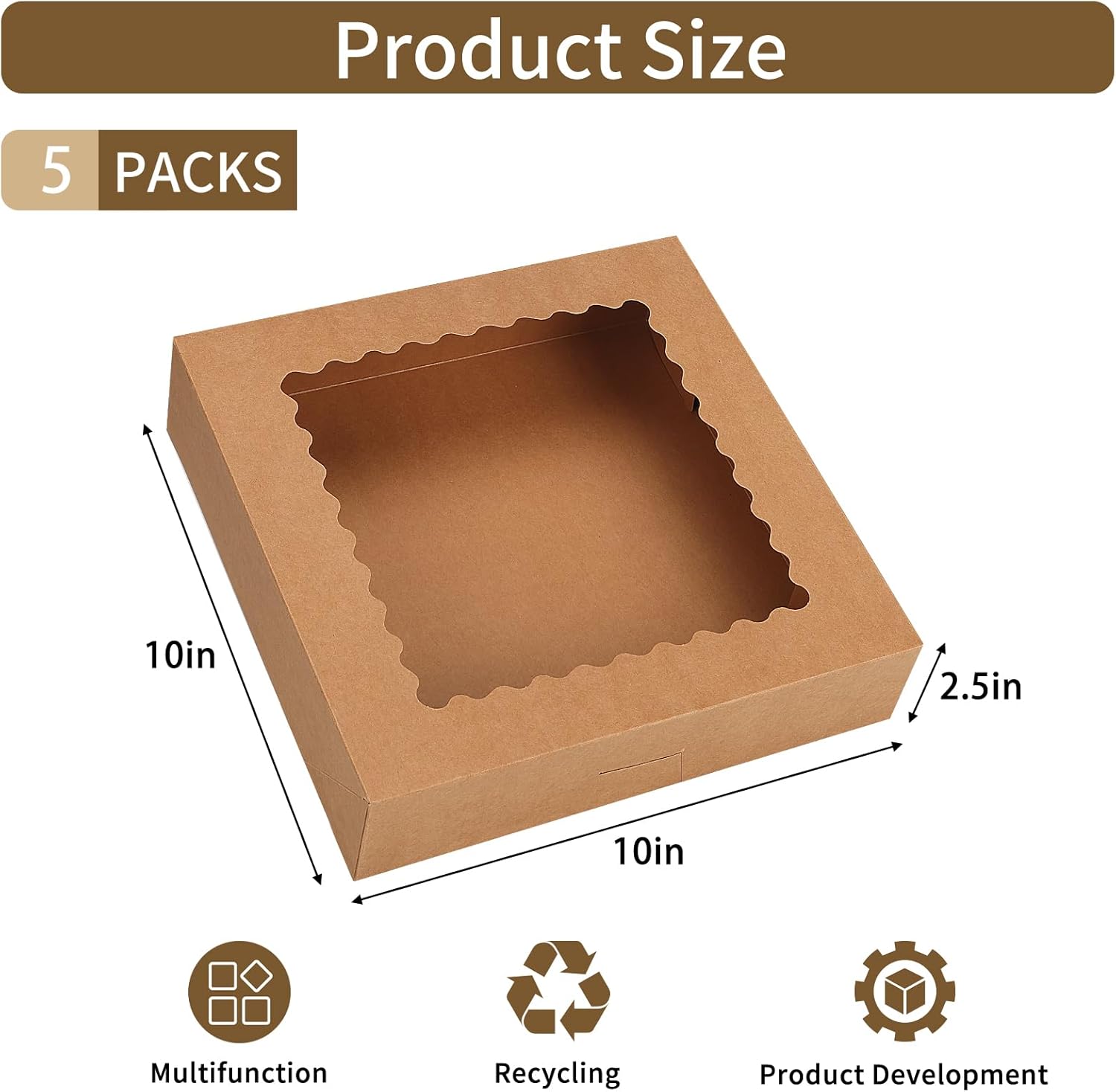 Pie Boxes, 10x10x2.5 Bakery Boxes with Window, Auto-up Brown