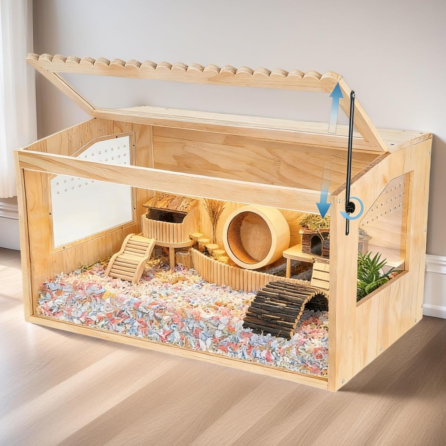 Wooden Hamster Cage, 24" Lx16 Wx16 H,Guinea Pig Cage, Small Animal Cage for Dwarf Syrian Hamsters Degus Mice & Other Small Pets. Hamster Habitat with Openable Top and Large Acrylic Sheets