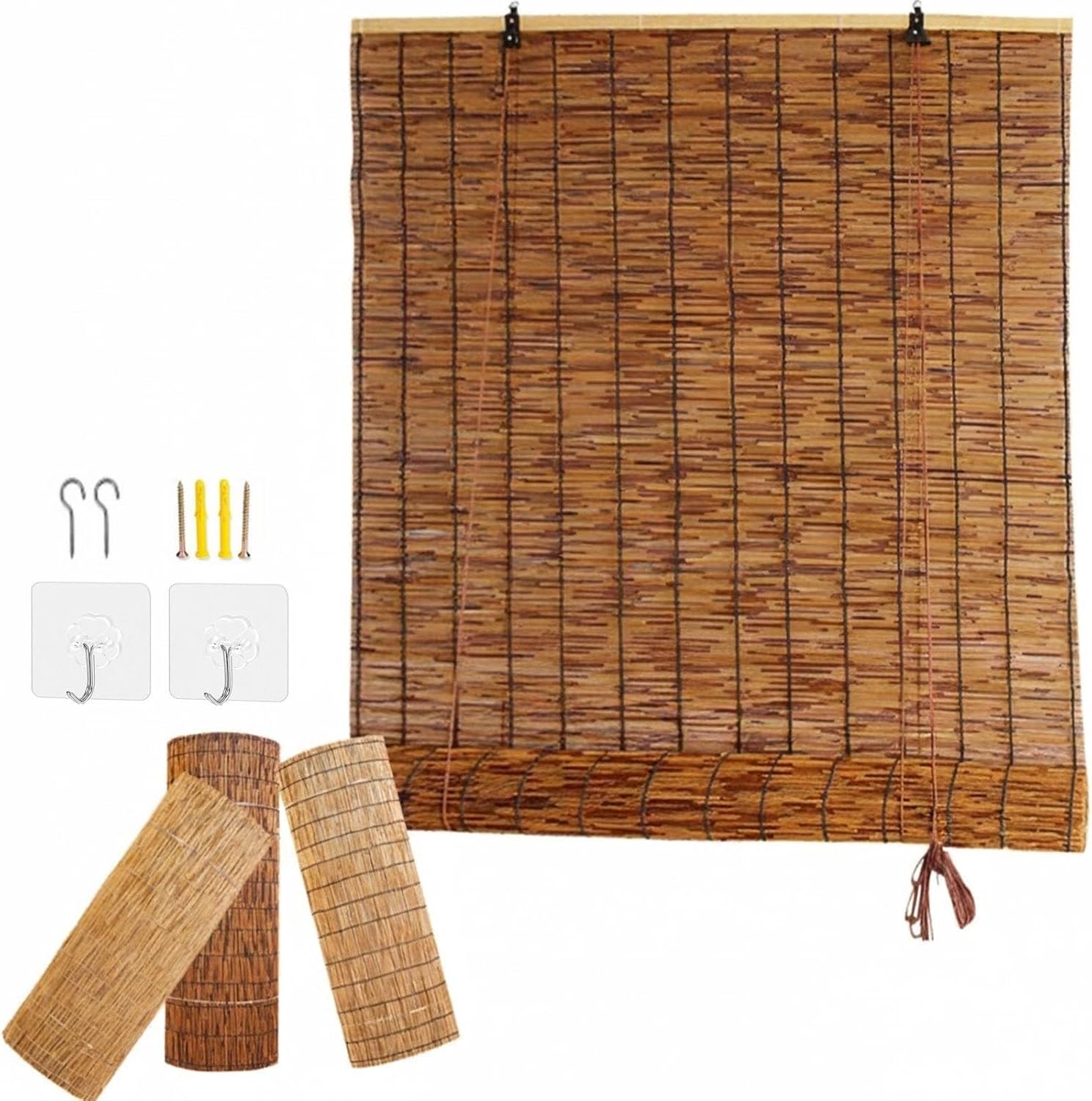 Bamboo Blinds for Windows, Retro Bamboo Shades 35x75 15x64 60x72 72x72 Cordless Natural Reed Roll Up Blinds Outdoor Brown Roller Window Shades Waterproof for Home Privacy Curta(33" W x 72" H)