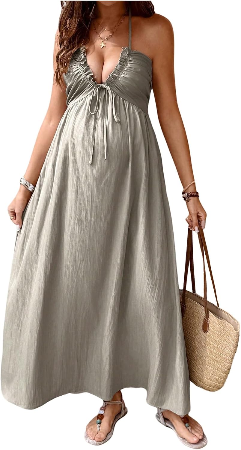 OYOANGLE Women's Maternity Halter Maxi Dress Bow Backless Sleeveless Flowy Beach Pregnancy Dresses for Baby Shower