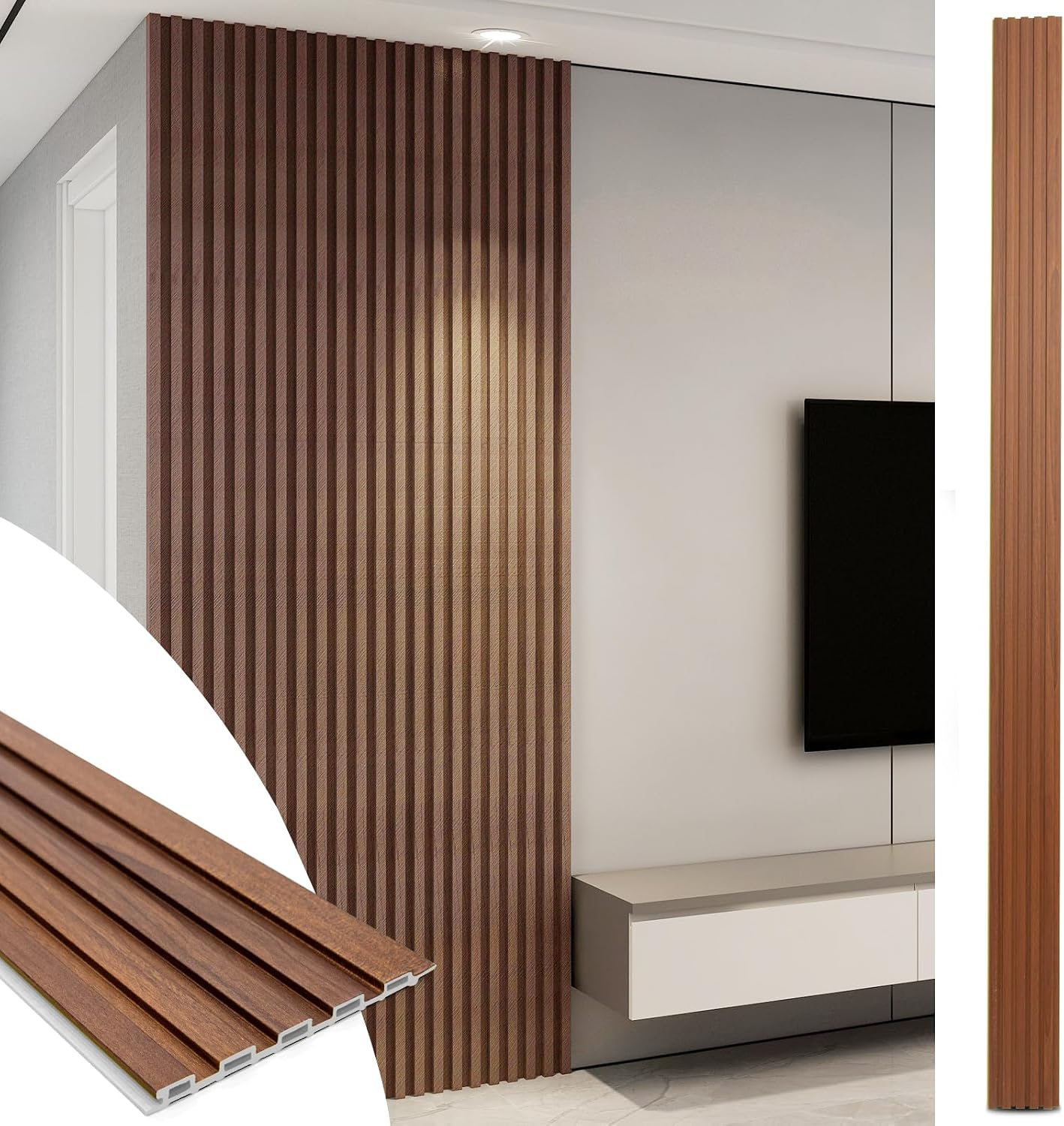 Art3d 108 x 6 Inch WPC Wood Slat Wall Panels, 3D Wall Accents, 8-Pack, Teak