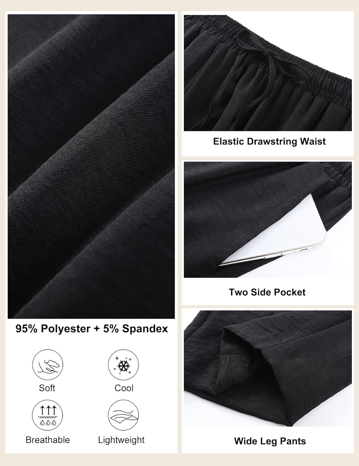 COZYPOIN Womens Baggy Wide Leg Pants Drawstring Elastic Waisted Casual Palazzo Harem Slacks Lounge Trousers with Pockets(Black-S) - Image 6