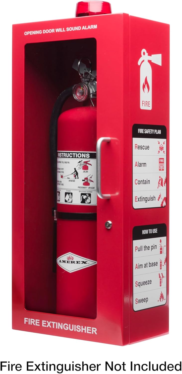 5 lb Fire Extinguisher Cabinet with Alarm, Lock, & Breakable Acrylic Window | Wall or Surface Mount | Fits up to 5 lb Extinguishers | Fire Safety Instructions Included (5 lb) (Red)