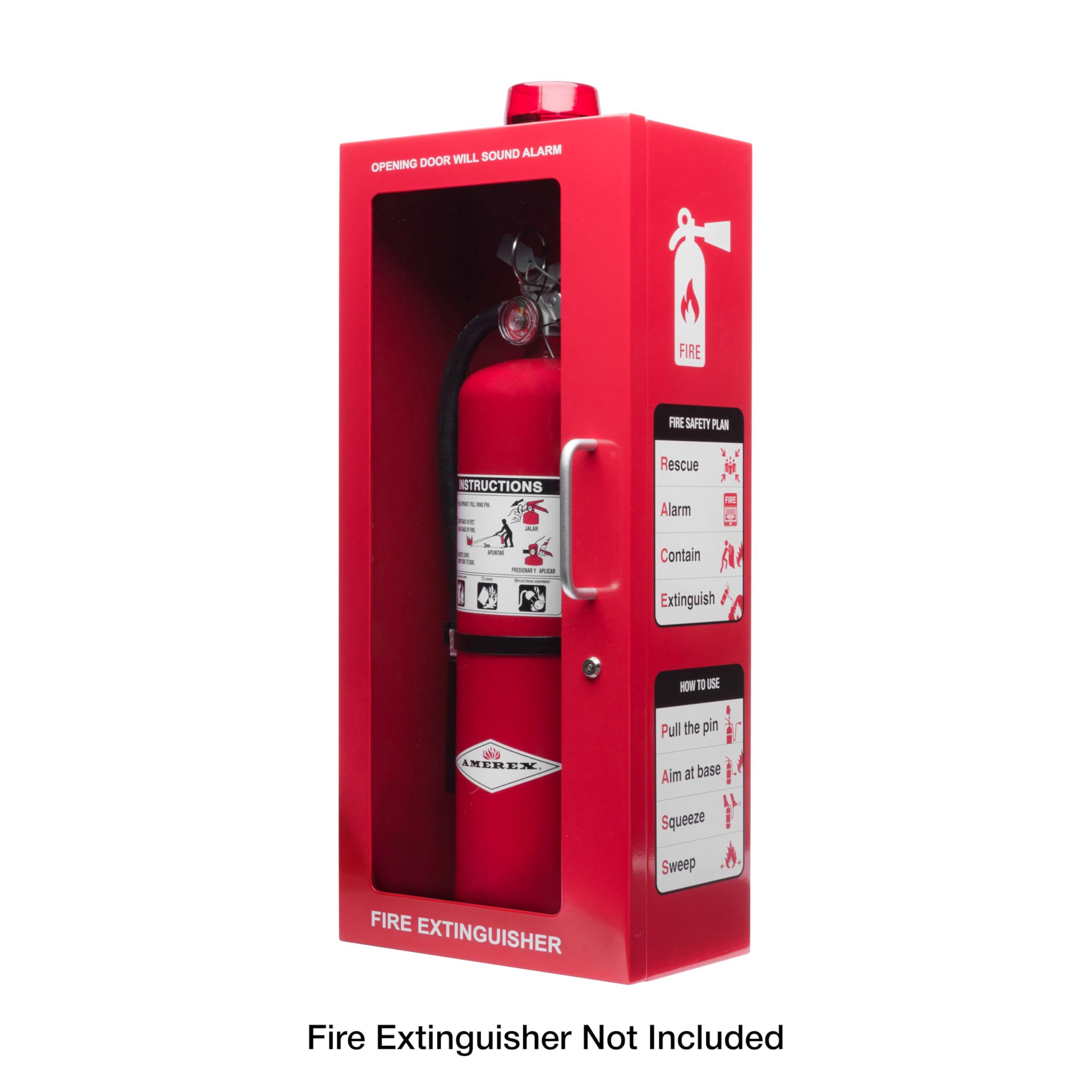 Extintor de 5 libras con alarma, cerradura y ventana acrílica rompible | Montaje en pared o superficie | Se adapta a extintores de hasta 5 libras | Instrucciones de seguridad contra incendios