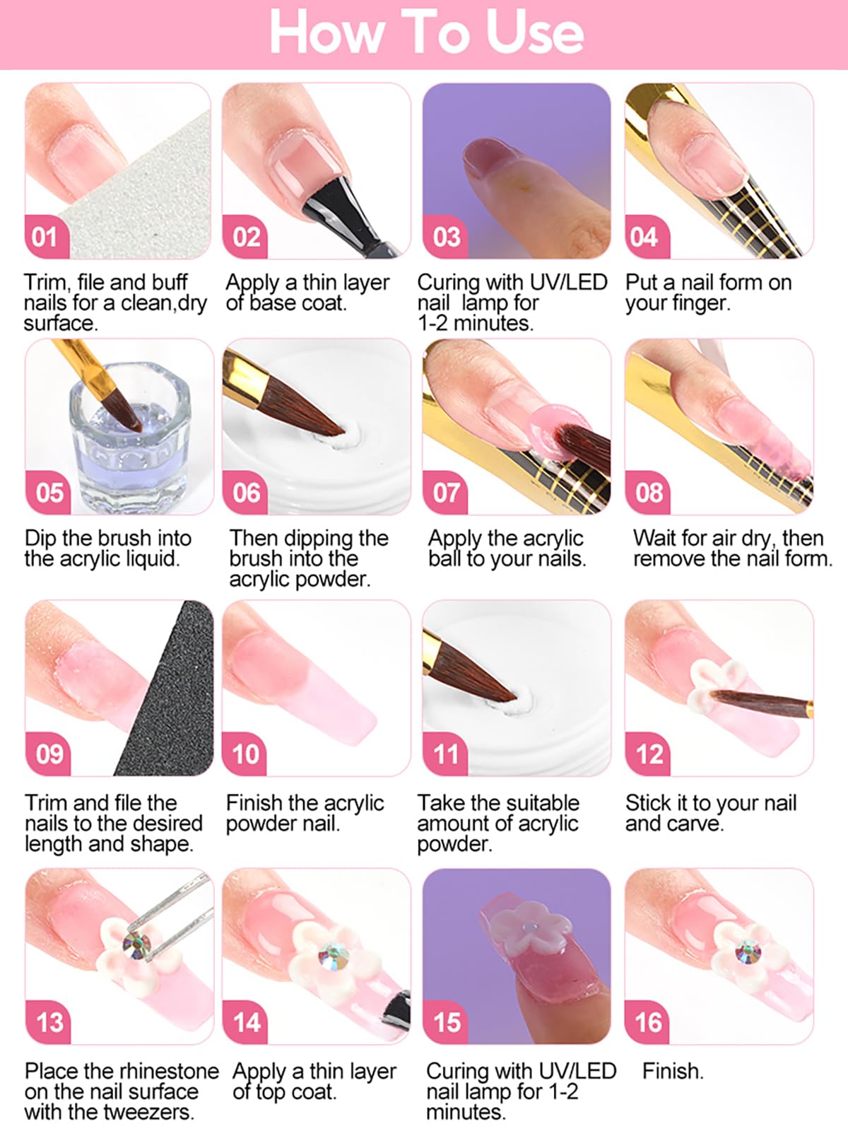 Kit d'ongles en acrylique : poudre acrylique 4 couleurs avec lime à ongles électrique – Lampe UV manuelle d'entraînement et liquide de 75 ml – Kit de pratique des ongles pour les amateurs de manucure