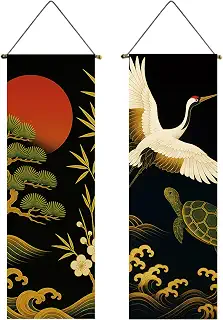 next.design タペストリー 掛け軸 2枚セット 鶴 富士 日の出 亀 松竹梅 吉祥模様 風景 正月 和風 癒し 飾り 壁掛け 壁面 吊るし 飾り ミニ 旗 コンパクト 室内用 おしゃれ アパート マンション インテリア (デザイン2)