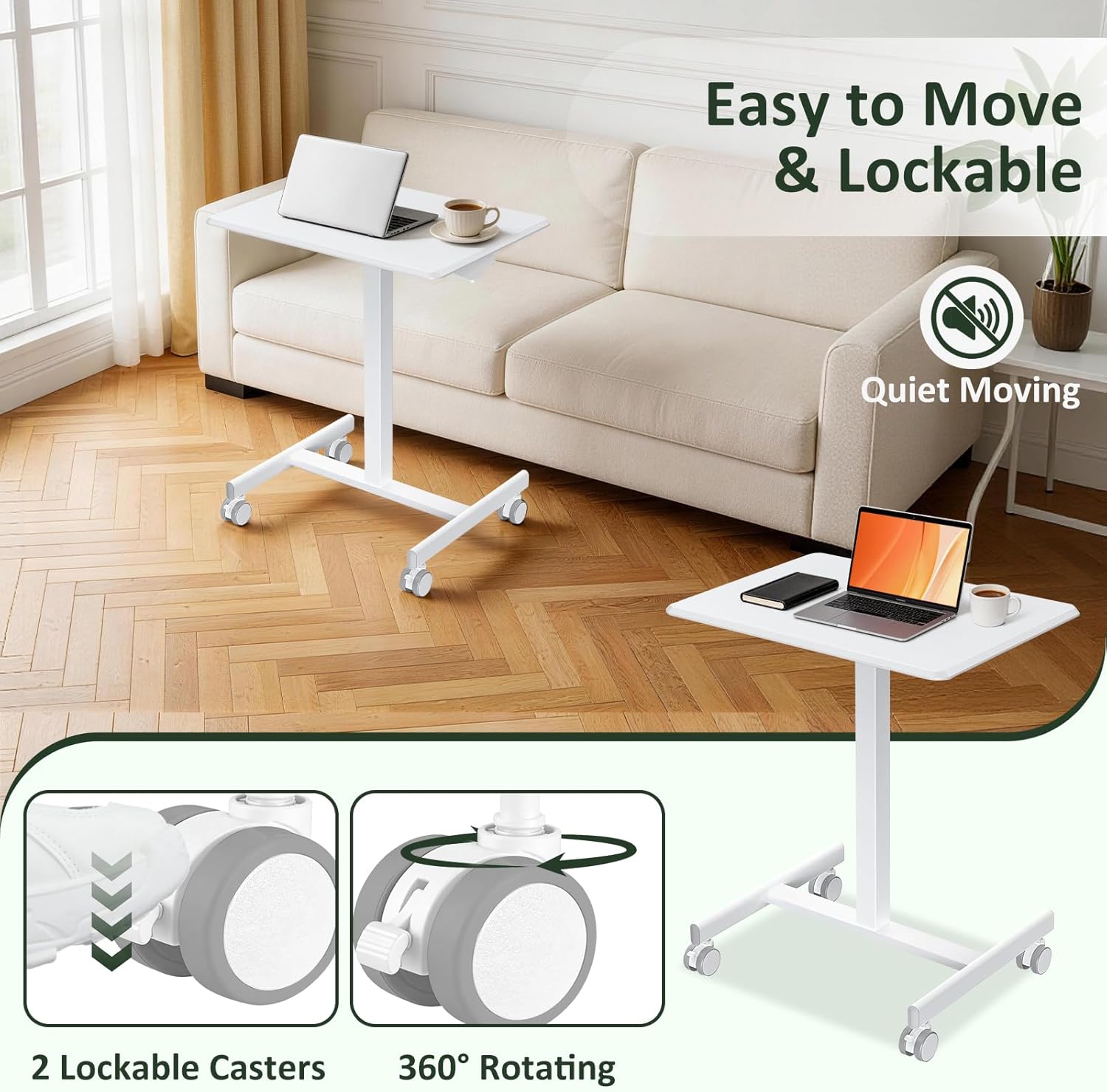 Mobile Standing Desk Adjustable Height, Rolling Sit-Stand Laptop Desk with Lockable Casters, Portable Compact Computer Table for Home Office Dorm, White