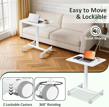 Mobile Standing Desk with Wheels, Small Rolling Desk Adjustable Height | Sit-Stand Laptop PC Table, Portable Compact Computer Workstation for Home Office Classroom or Small Spaces, White
