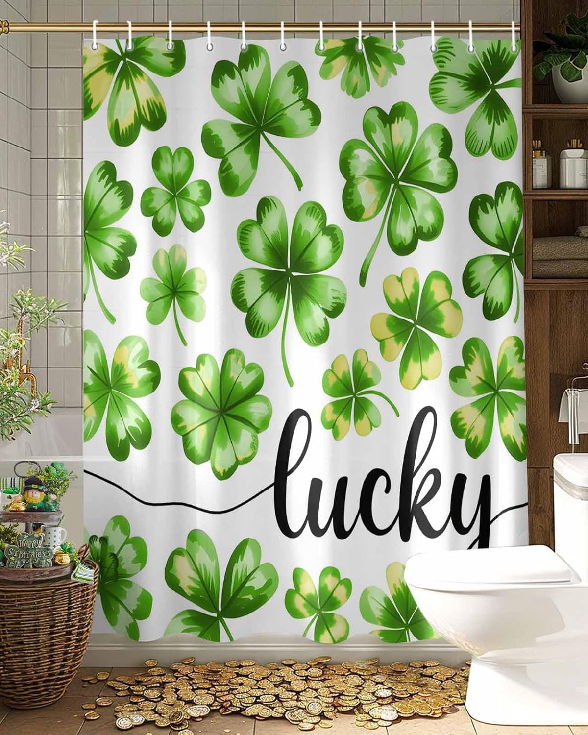 LooPoP St. Patrick's Day Shower Curtain Lucky Clovers Bathroom Curtains with Hooks, Waterproof Polyester Fabric Green Shamrock Leaf Shower Curtains Set for Bathroom Bathtubs Spring Decor 60x72 Inch